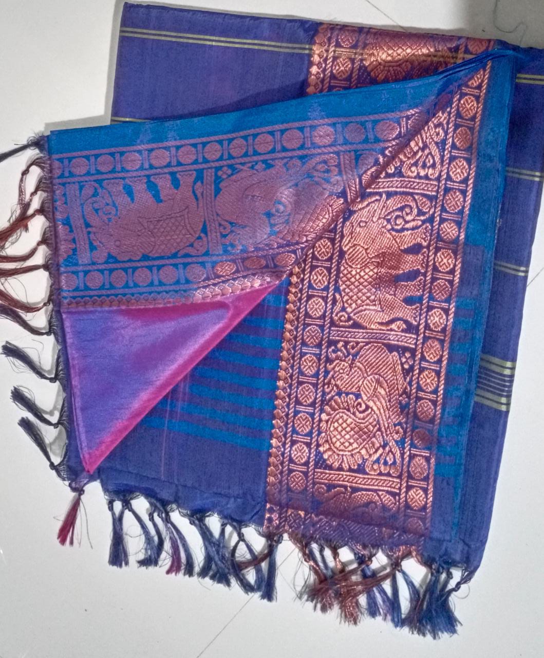 Navy Blue and Pink Dual Tone Banana Pith Silk Saree.