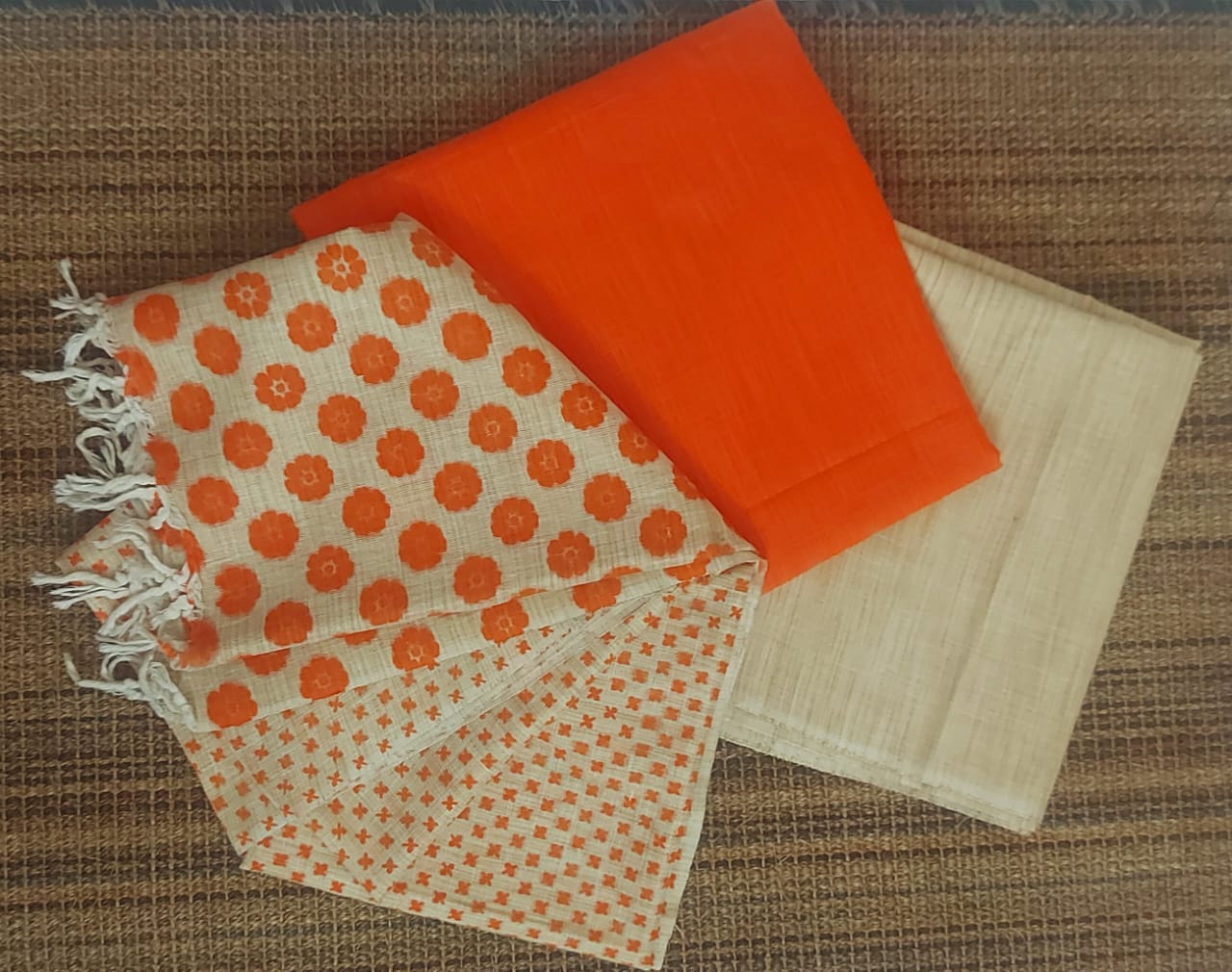 Jute Cotton Orange Top, Bottom &amp; Dupatta with Hand Painting