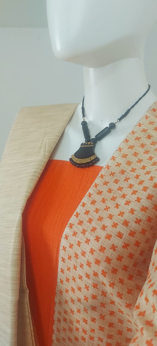 Jute Cotton Orange Top, Bottom &amp; Dupatta with Hand Painting