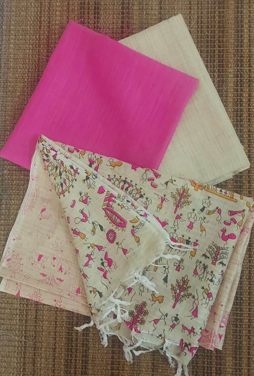 Jute Cotton PinkTop, Bottom &amp; Dupatta with Hand Painting