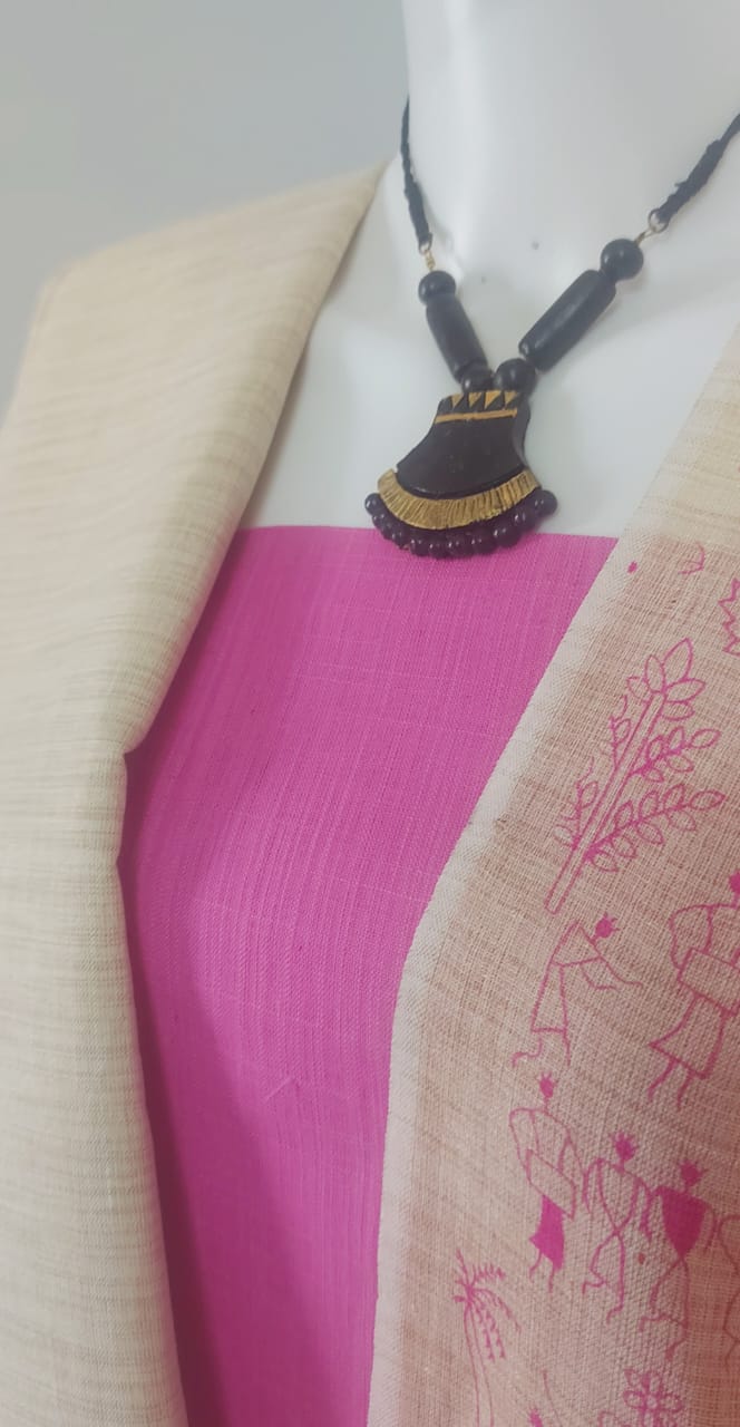 Jute Cotton PinkTop, Bottom &amp; Dupatta with Hand Painting