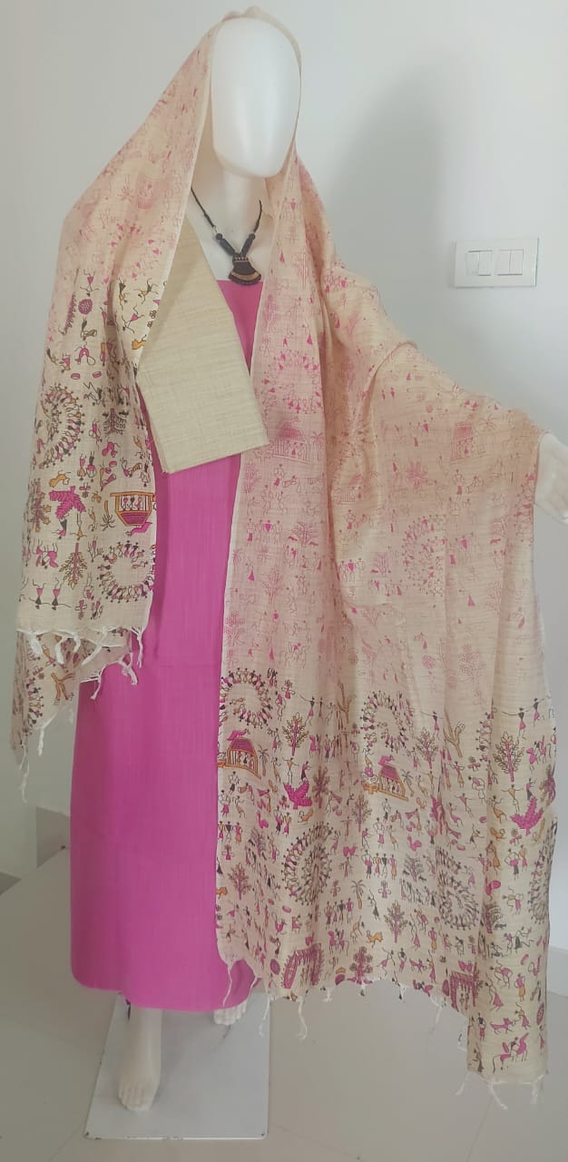 Jute Cotton PinkTop, Bottom &amp; Dupatta with Hand Painting