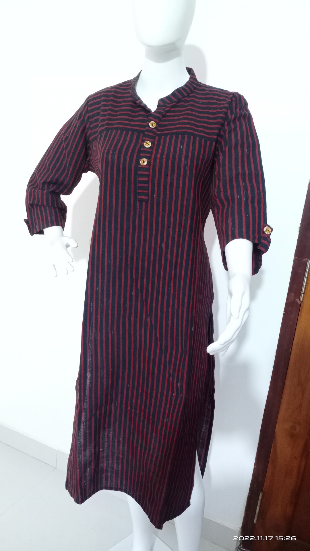 Meroon Black striped khadi kurti