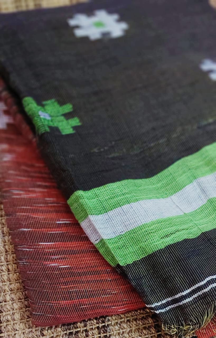 Orange Black Handloom  Tissue Ikkat Saree