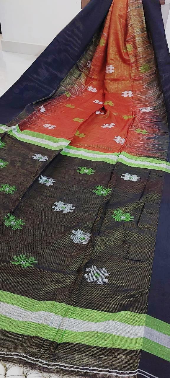 Orange Black Handloom  Tissue Ikkat Saree