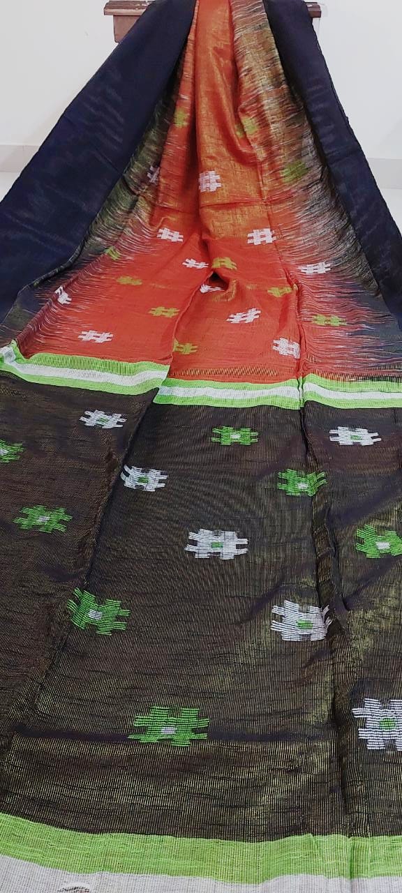 Orange Black Handloom  Tissue Ikkat Saree