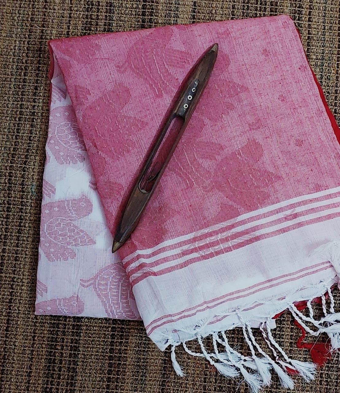 Red and White self woven Handloom Saree
