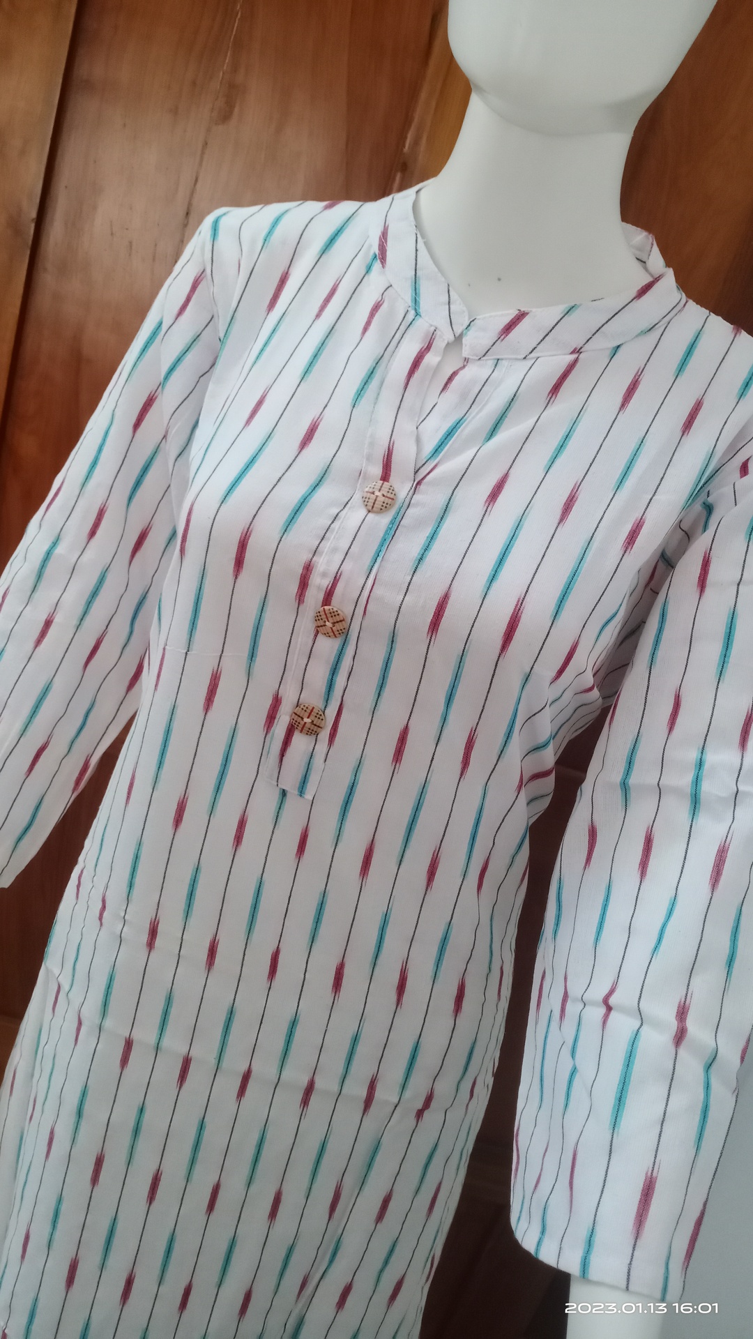 White Ikkat Kurti with Blue red lines