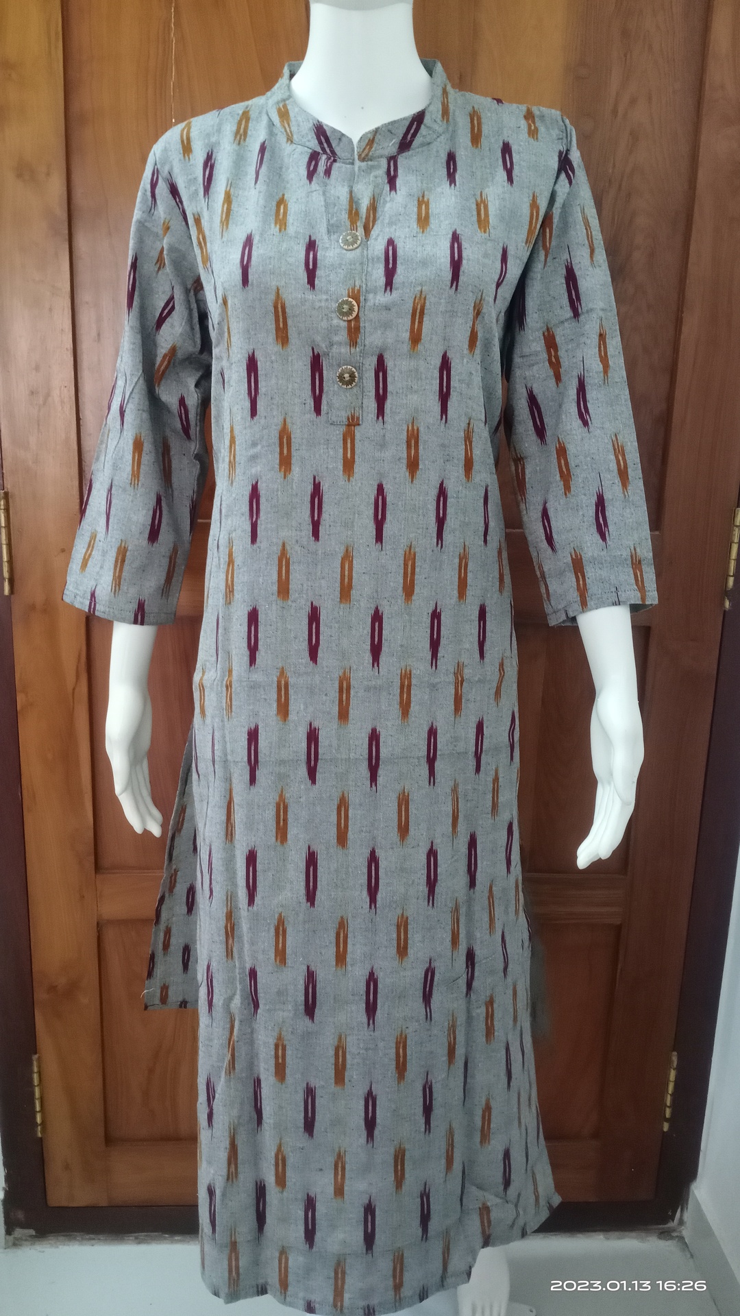 Grey Ikkat Kurti with maroon orange lines