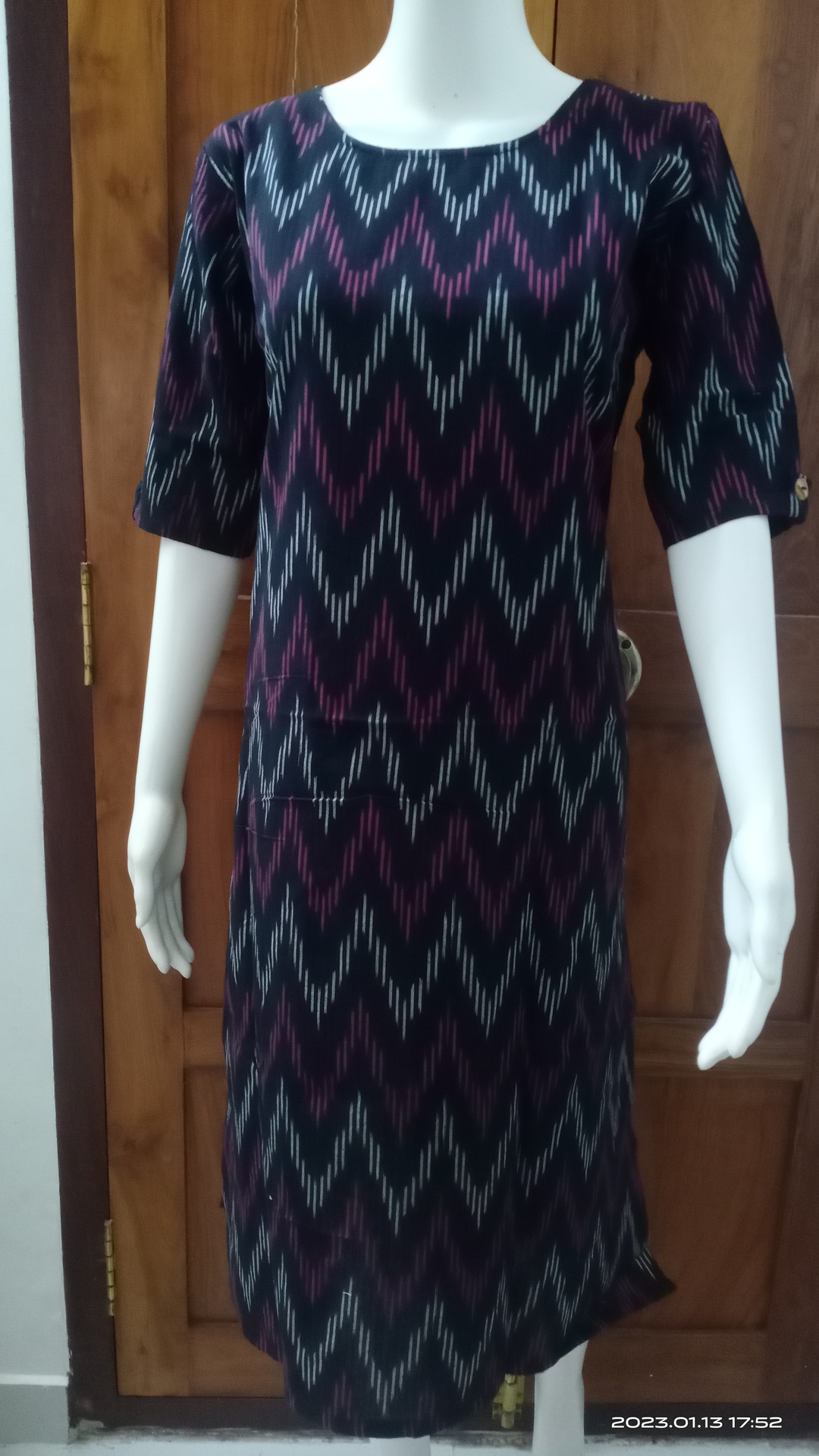 Black Ikkat  Kurti with pink white zig zag pattern