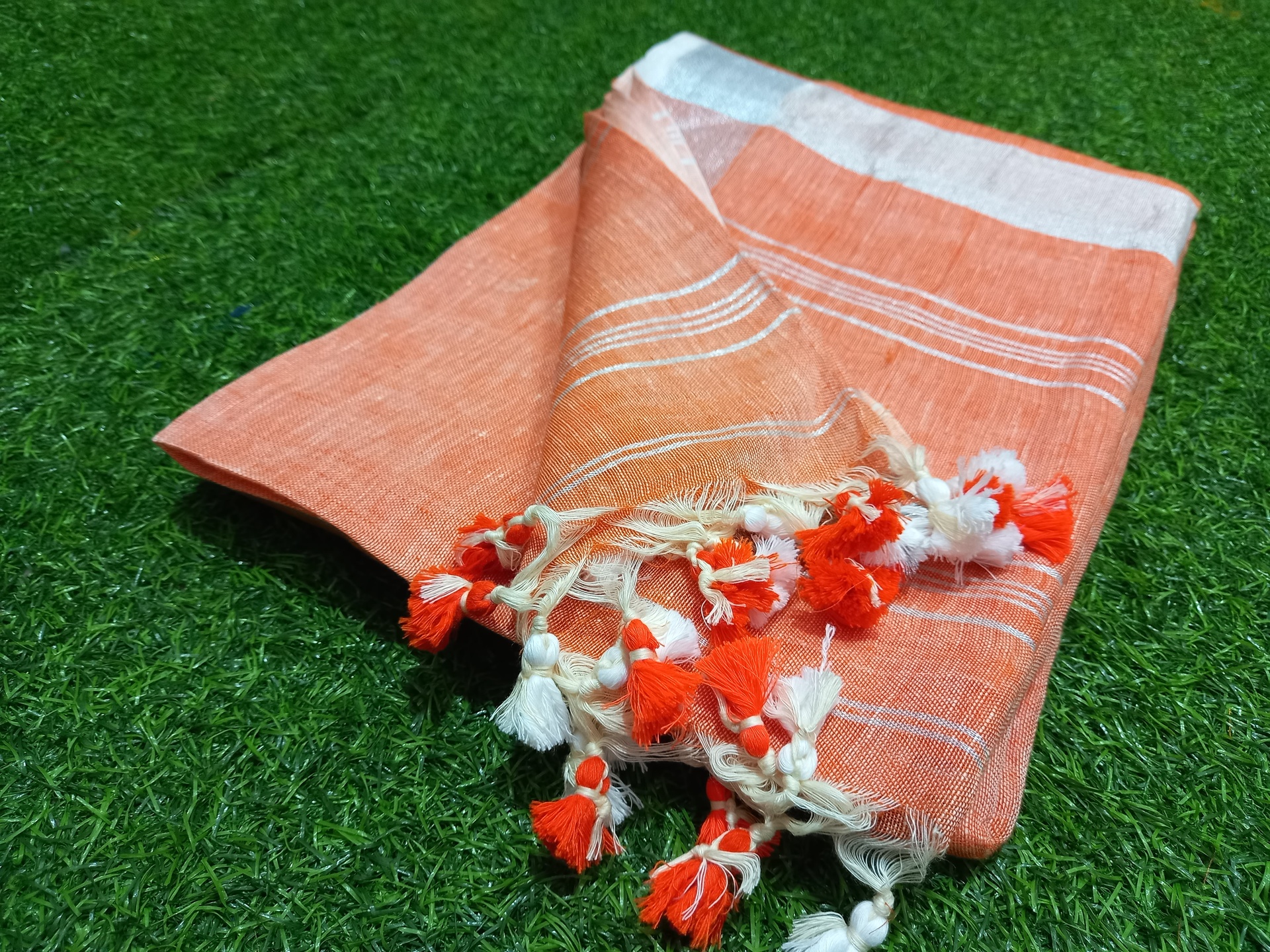 Orange Linen Saree with Silver border