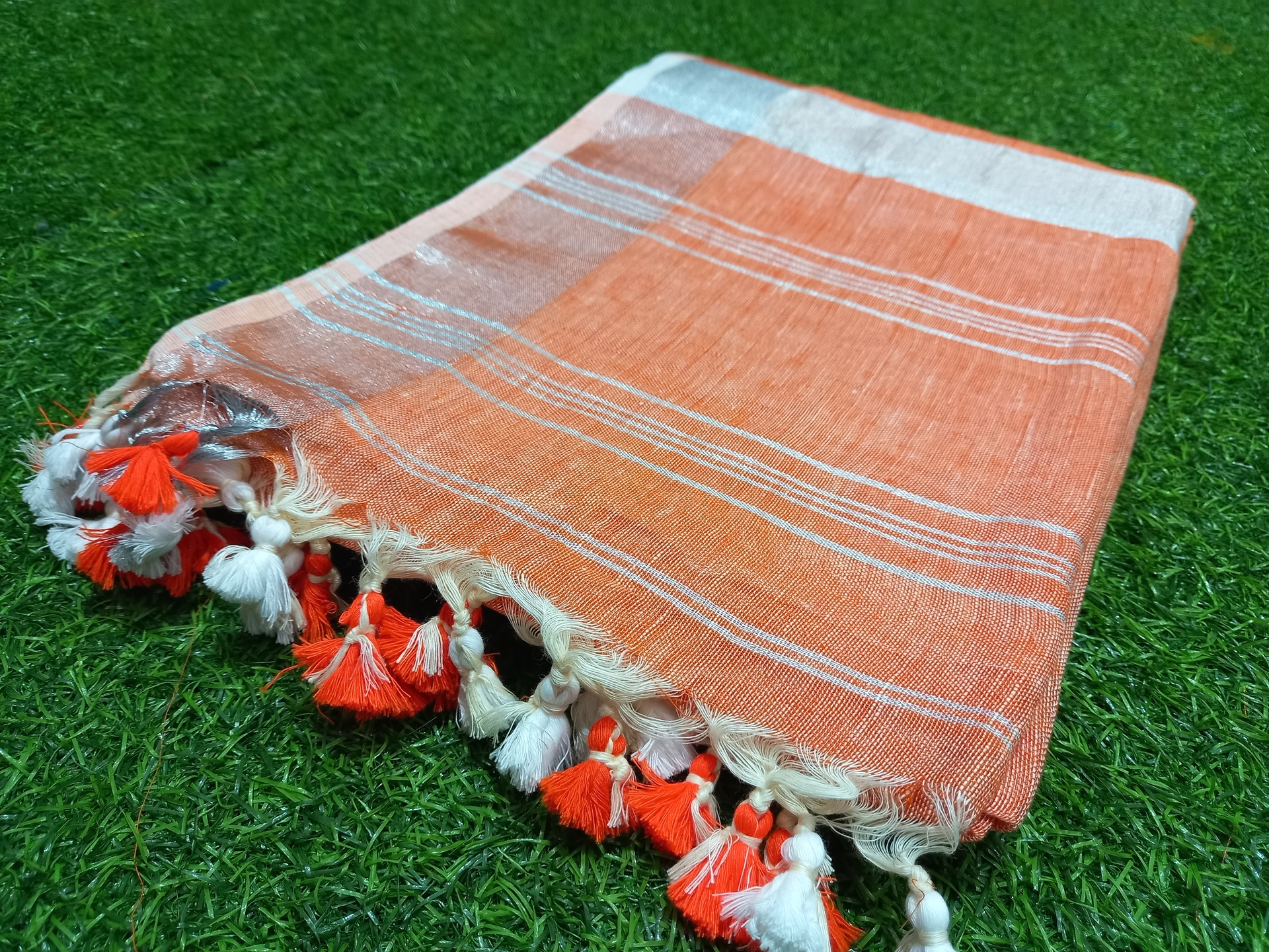 Orange Linen Saree with Silver border