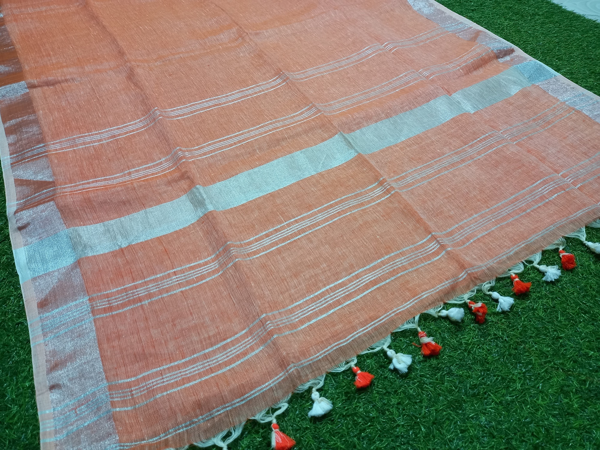 Orange Linen Saree with Silver border