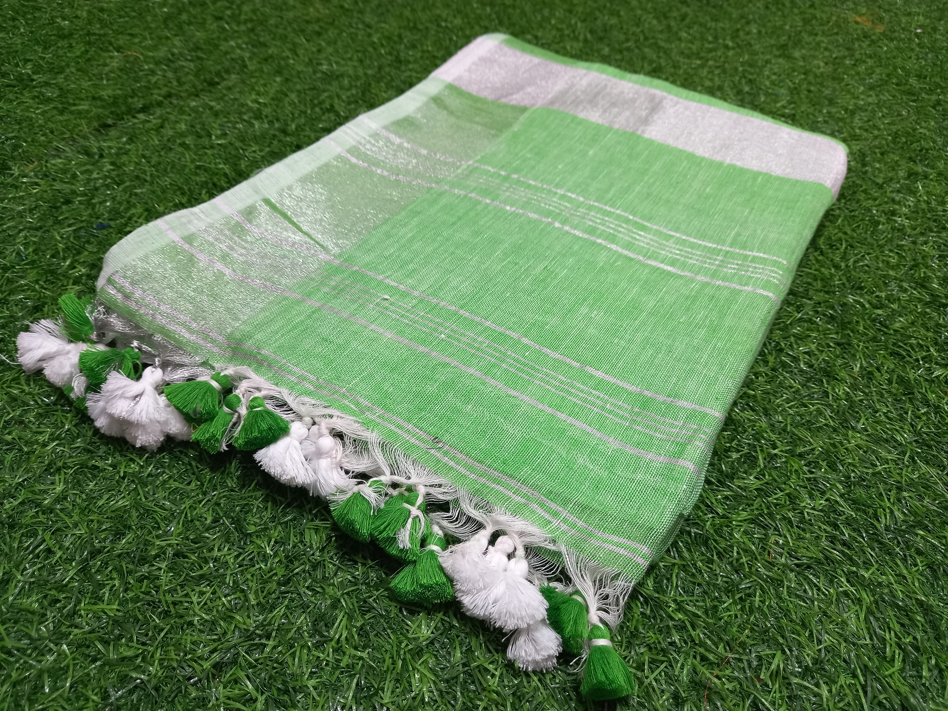 Pale Green Linen Saree with Silver Border