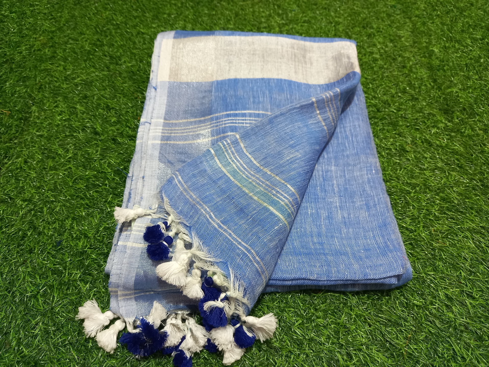 Blue Linen Saree with Silver Border