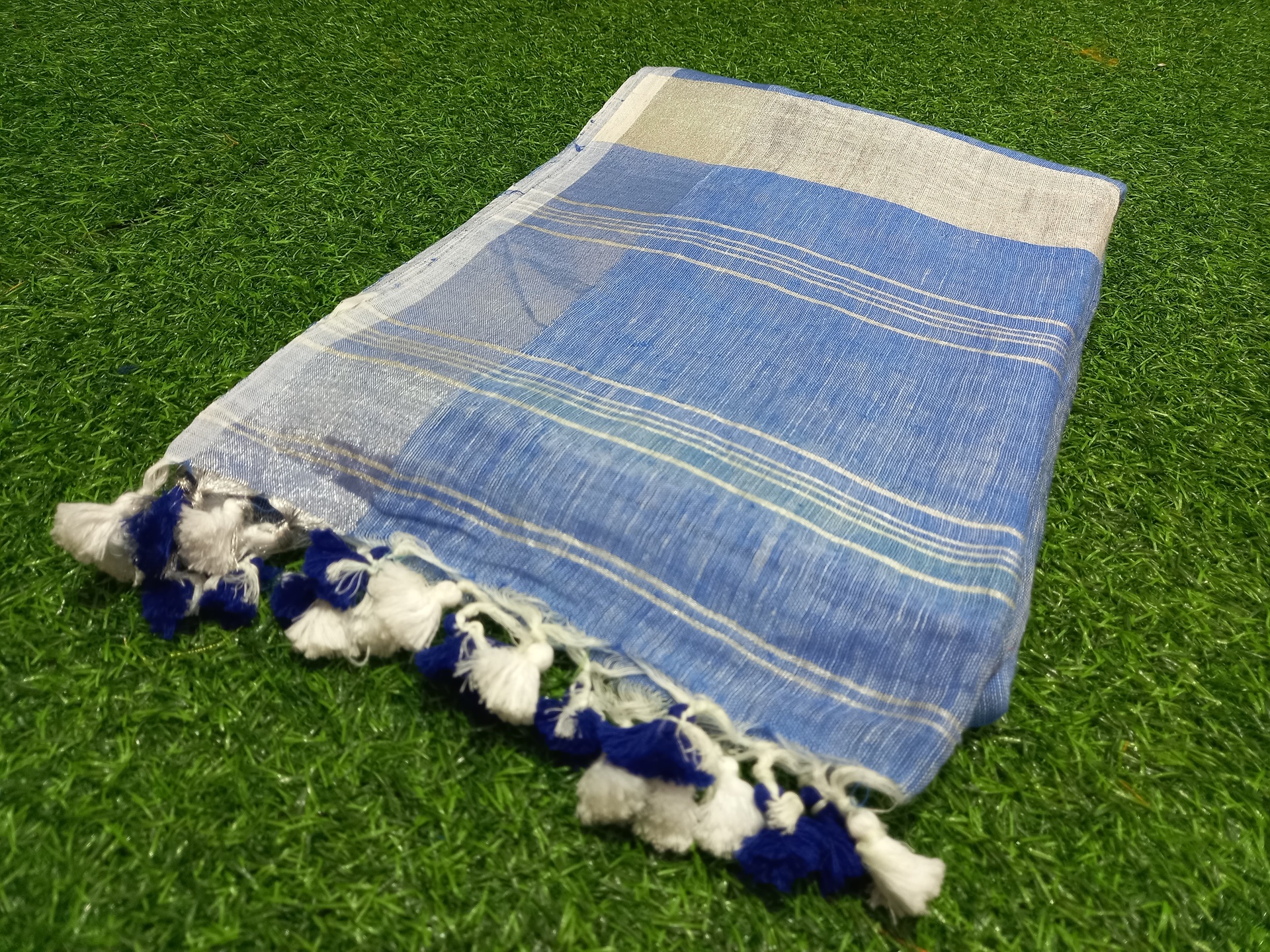 Blue Linen Saree with Silver Border