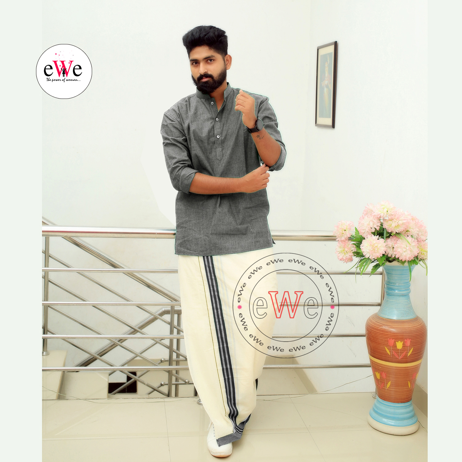 Gent's Cotton Handloom Ash Coloured Short Kurta