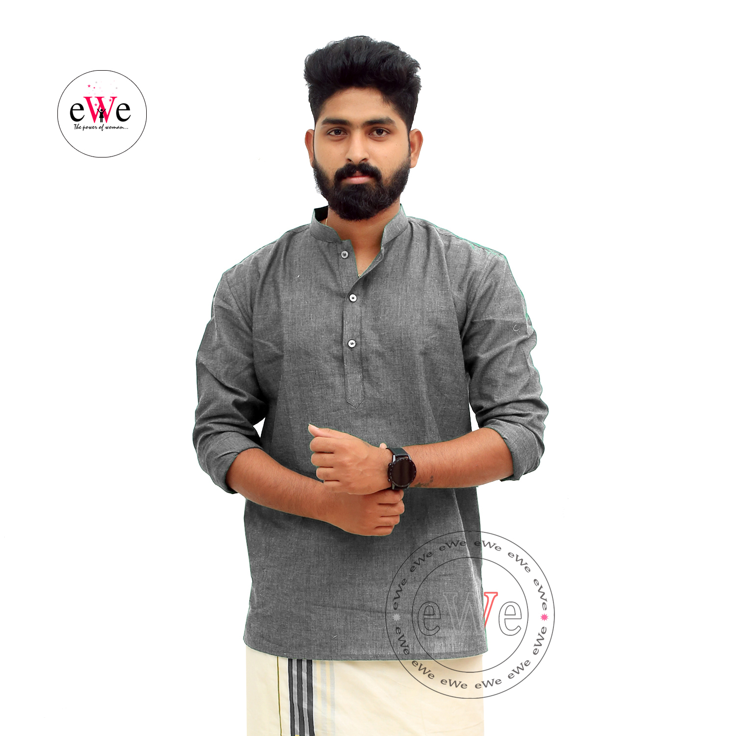 Gent's Cotton Handloom Ash Coloured Short Kurta
