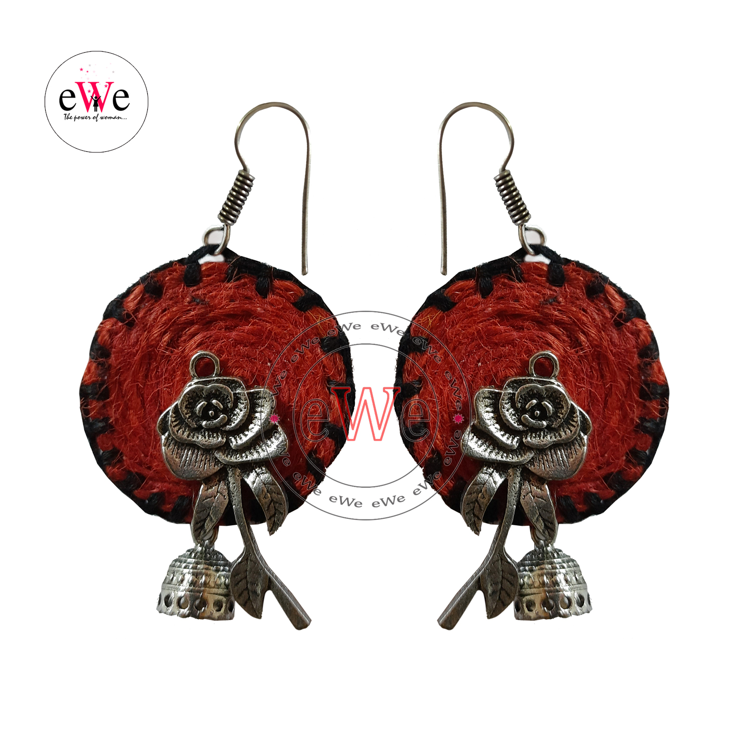 Black And Red Woolen Thread Rose Flower Handmade With Jhumka Earrings