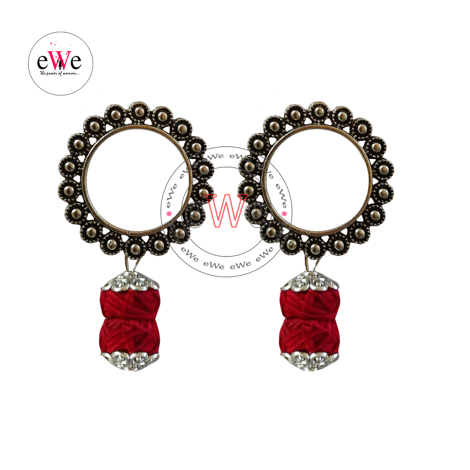 Oxidized Silver Stead With Red Woolen Thread Hanging Earrings