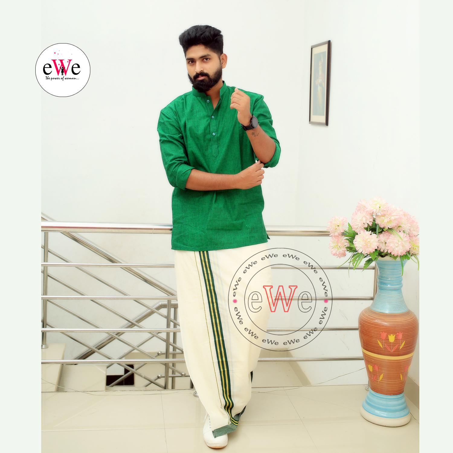 Gent's Cotton Handloom Green Coloured Short Kurta