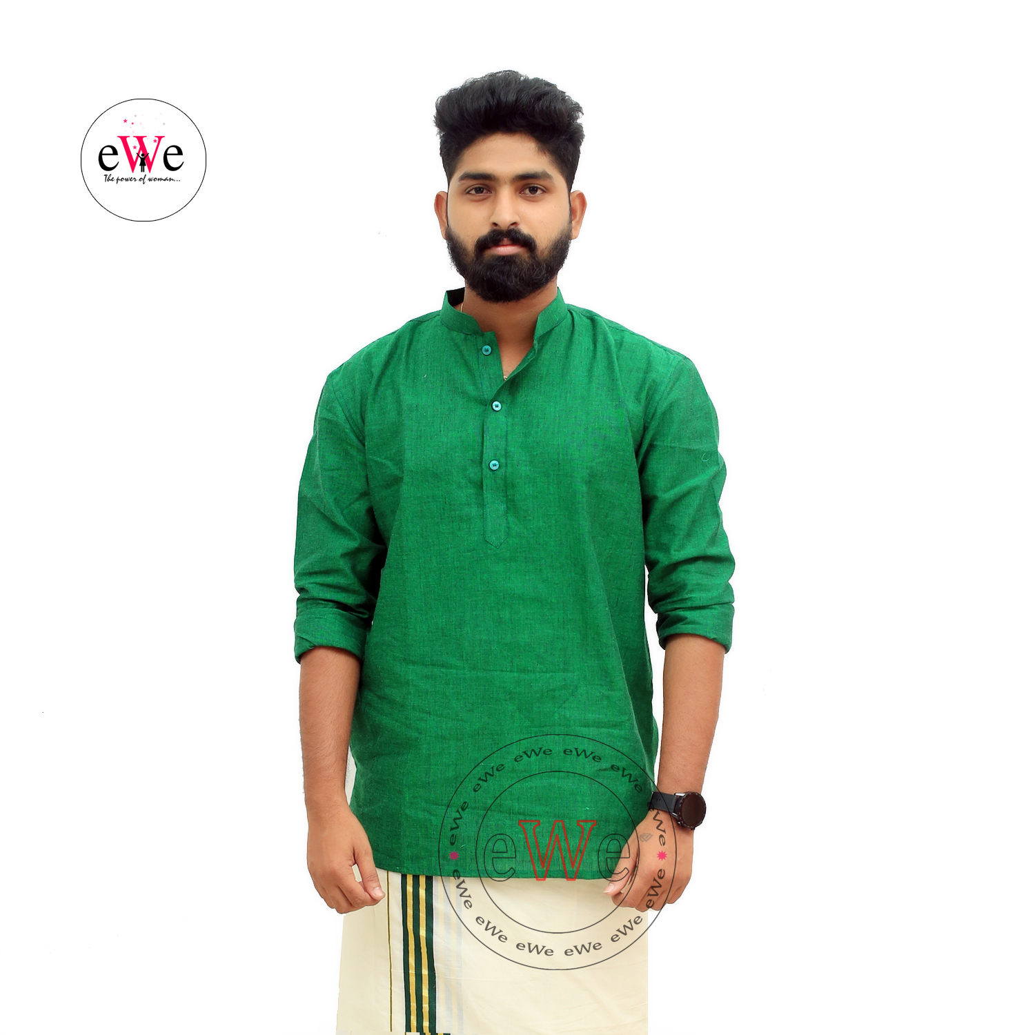 Gent's Cotton Handloom Green Coloured Short Kurta
