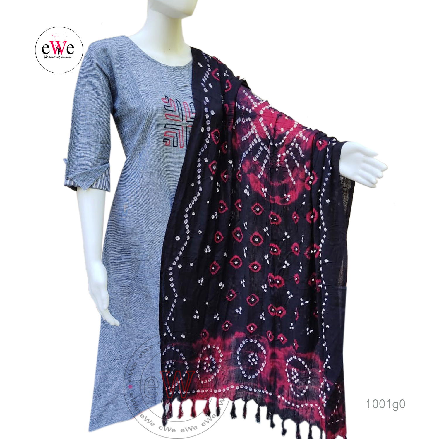Black And Meroon Bandani Cotton Dupatta