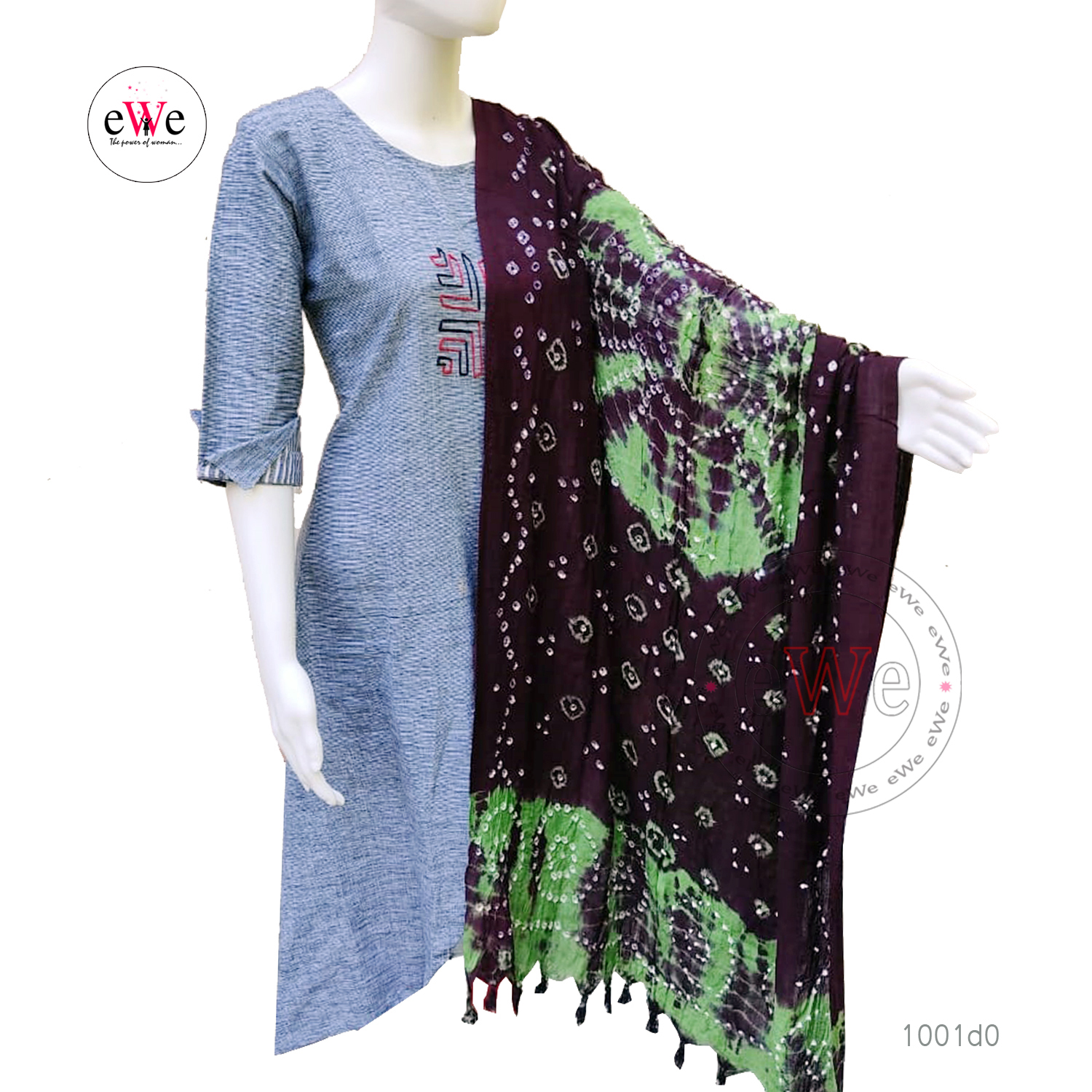 Brown &amp; Light Green Bandani Cotton Dupatta