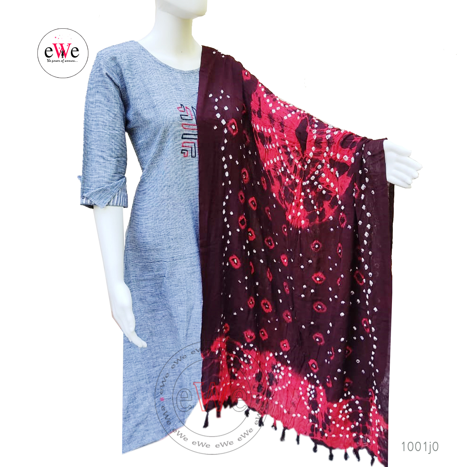 Brown And Red Bandani Cotton Dupatta