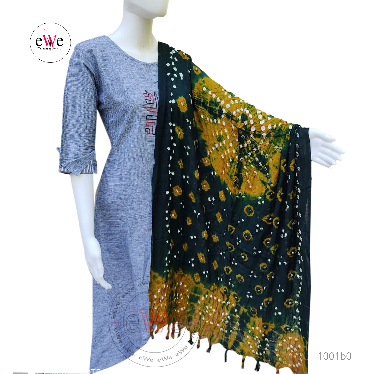 Golden Yellow And Green Bandani Cotton Dupatta