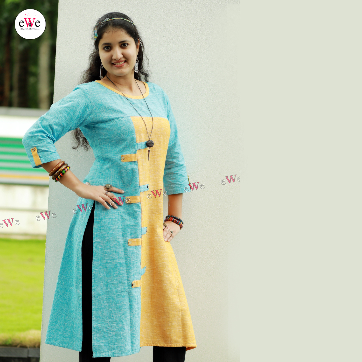 Khadi Designer Kurti (Yellow, Blue)