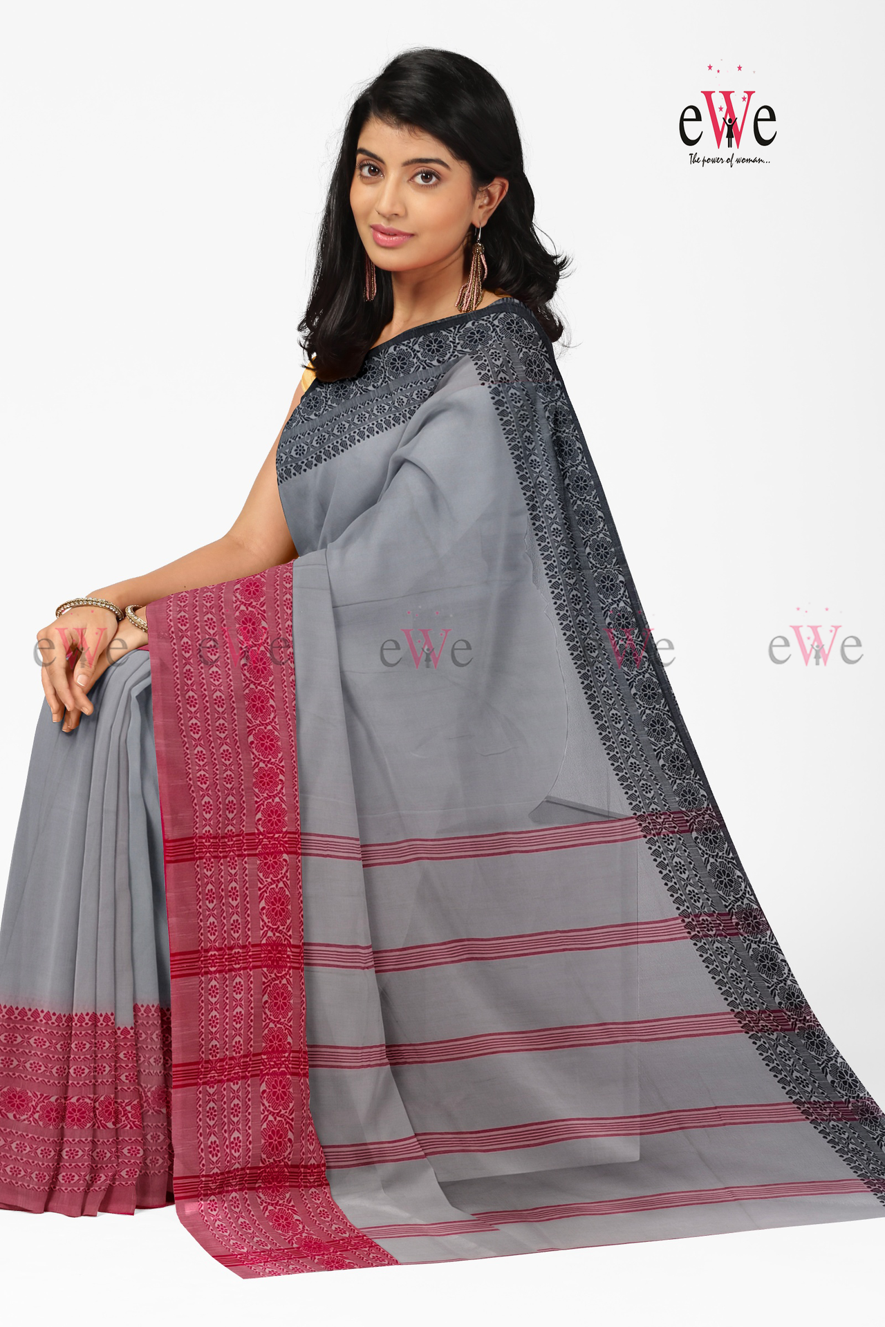 Ash,Rose &amp; Black Begampuri Saree
