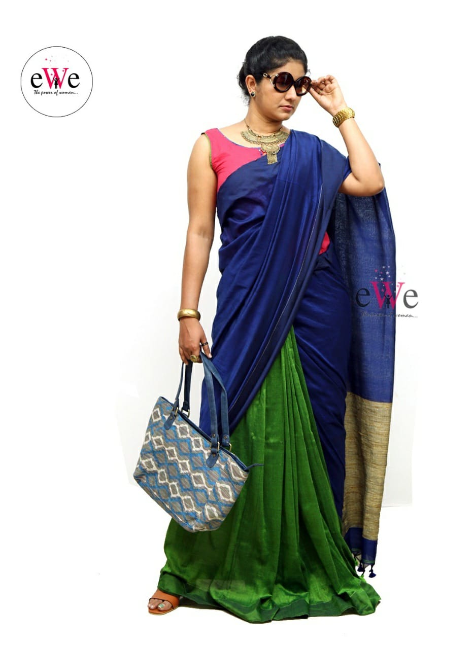 Handloom Ghicha Saree (Light Green, Blue)