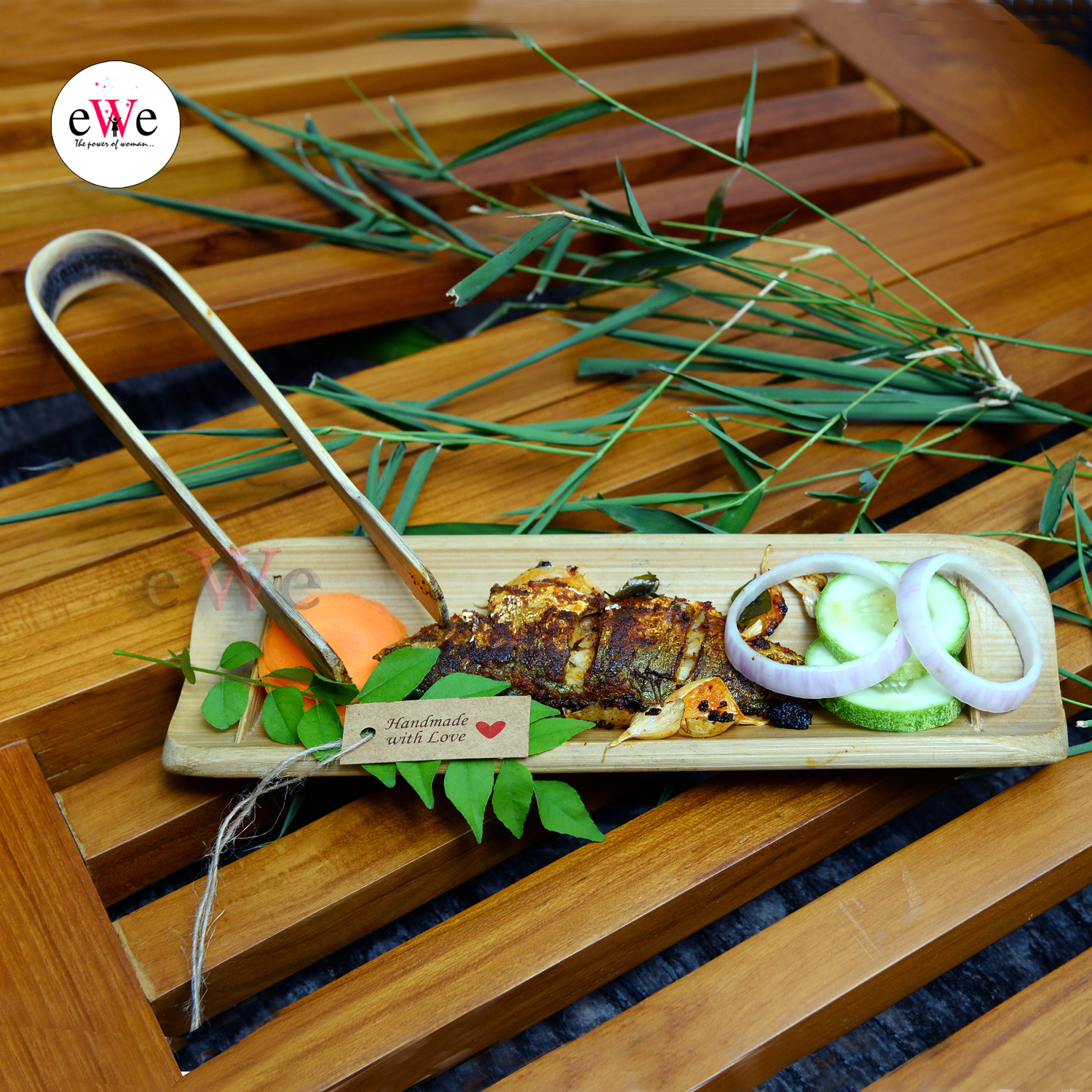 Bamboo Fish Serving Tray and Kitchen Tongs