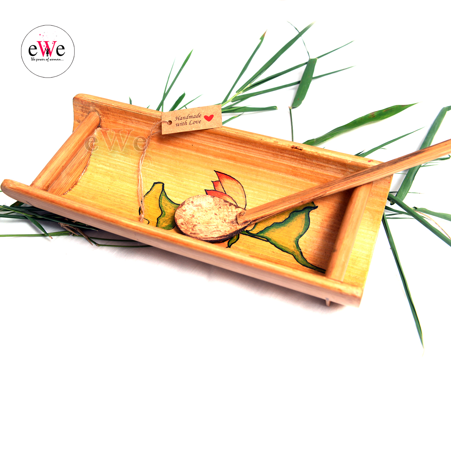 Bamboo Food Serving Tray &amp; Spoon Combo Set