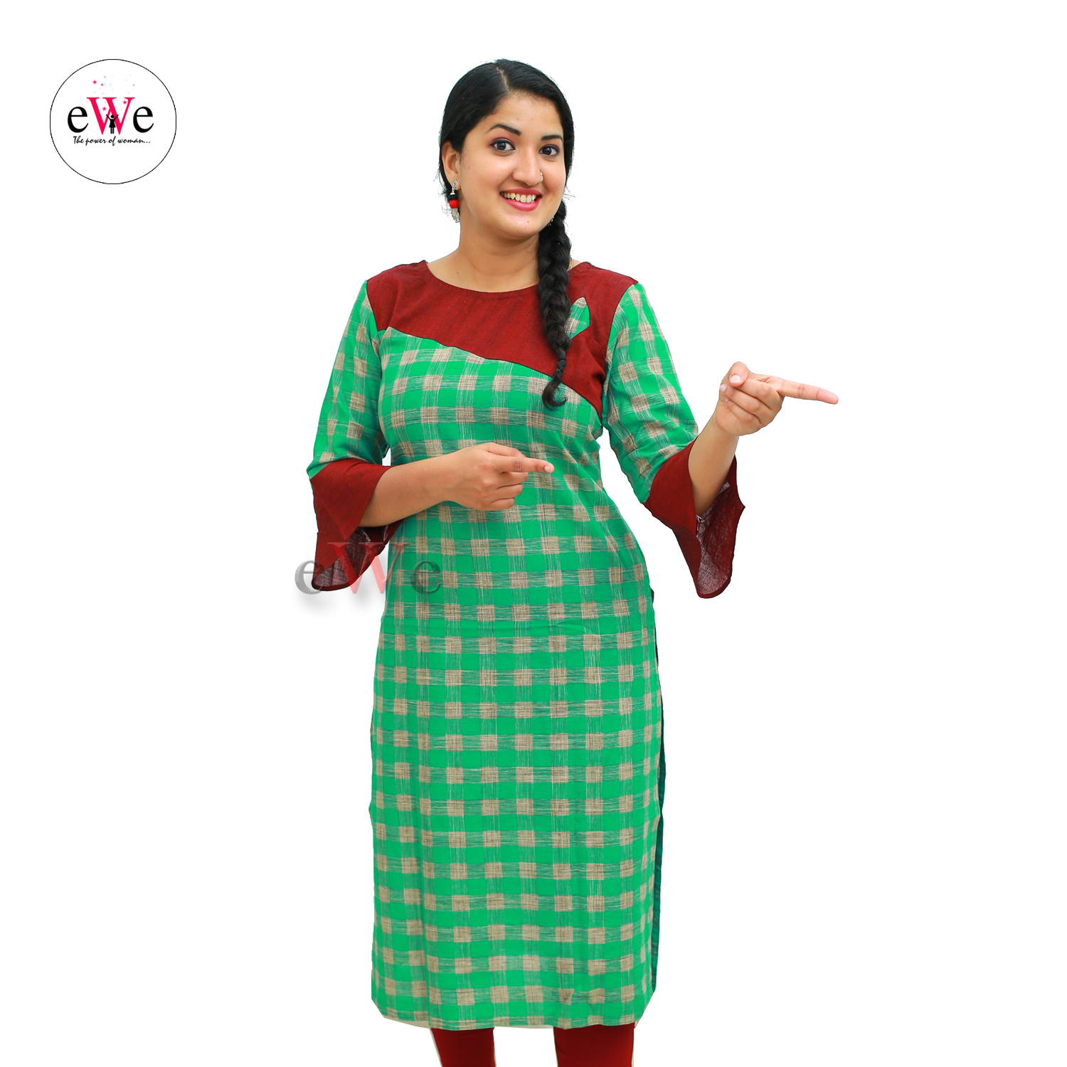 Handloom Design Kurti - Green &amp; Meroon