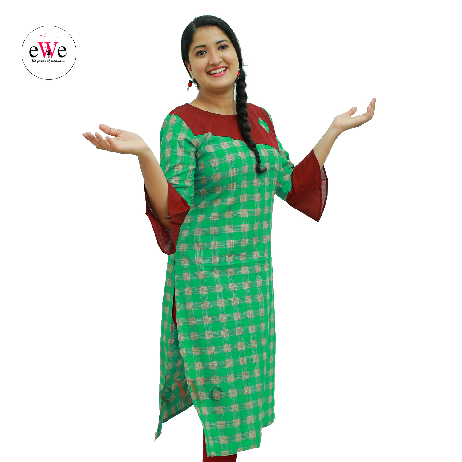 Handloom Design Kurti - Green &amp; Meroon
