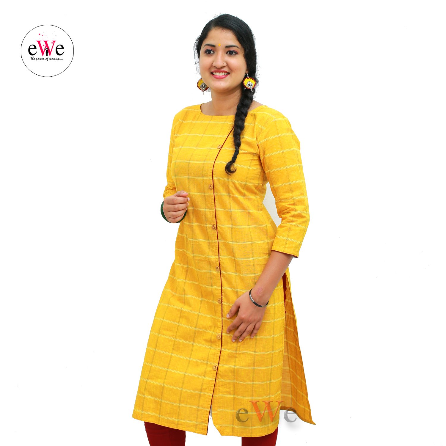 Handloom Design Kurti - Yellow Checks