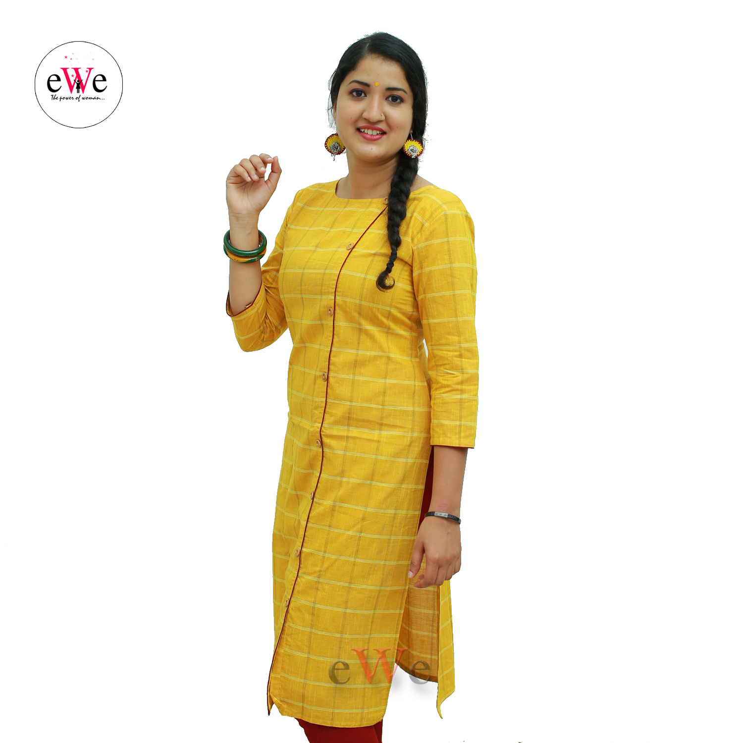 Handloom Design Kurti - Yellow Checks