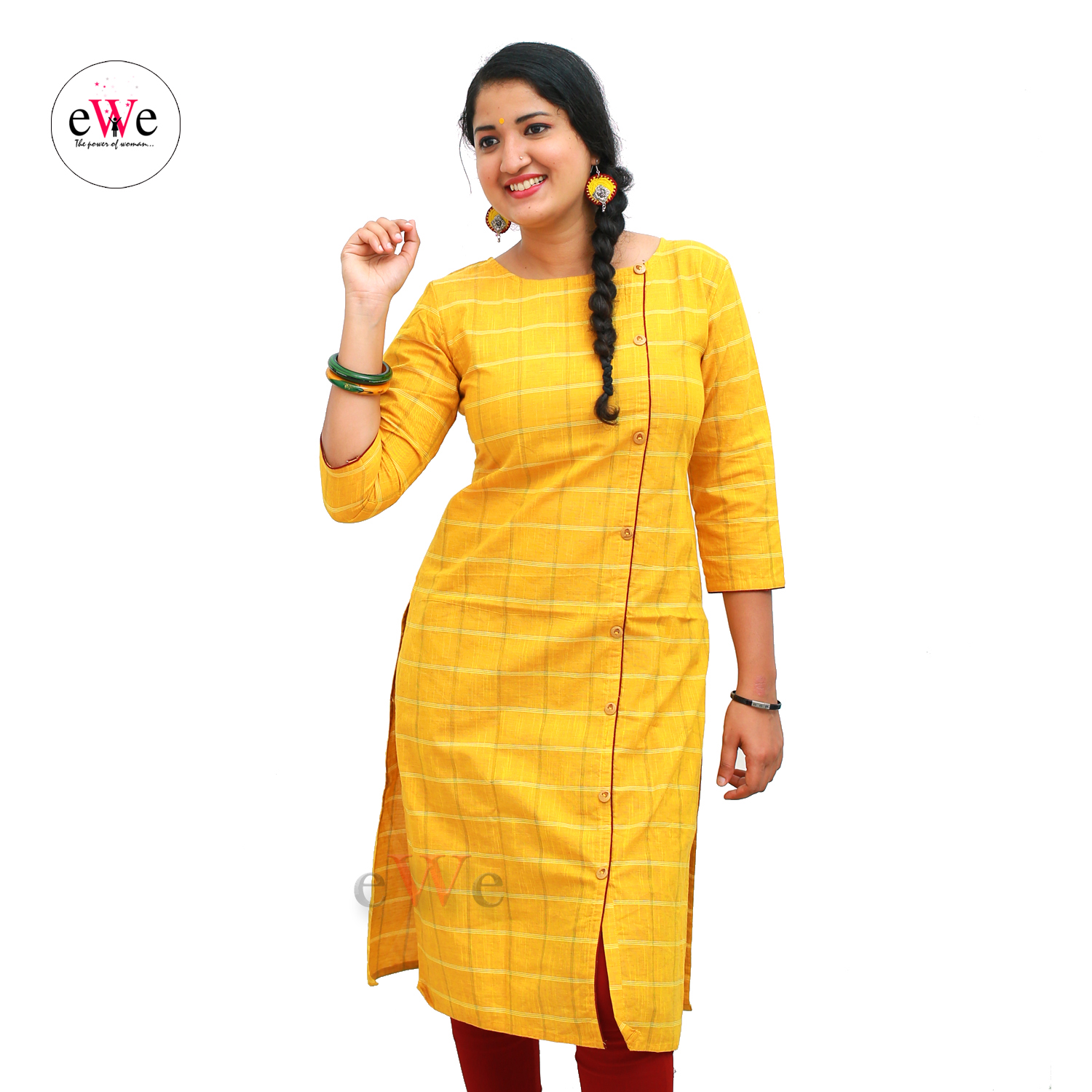 Handloom Design Kurti - Yellow Checks