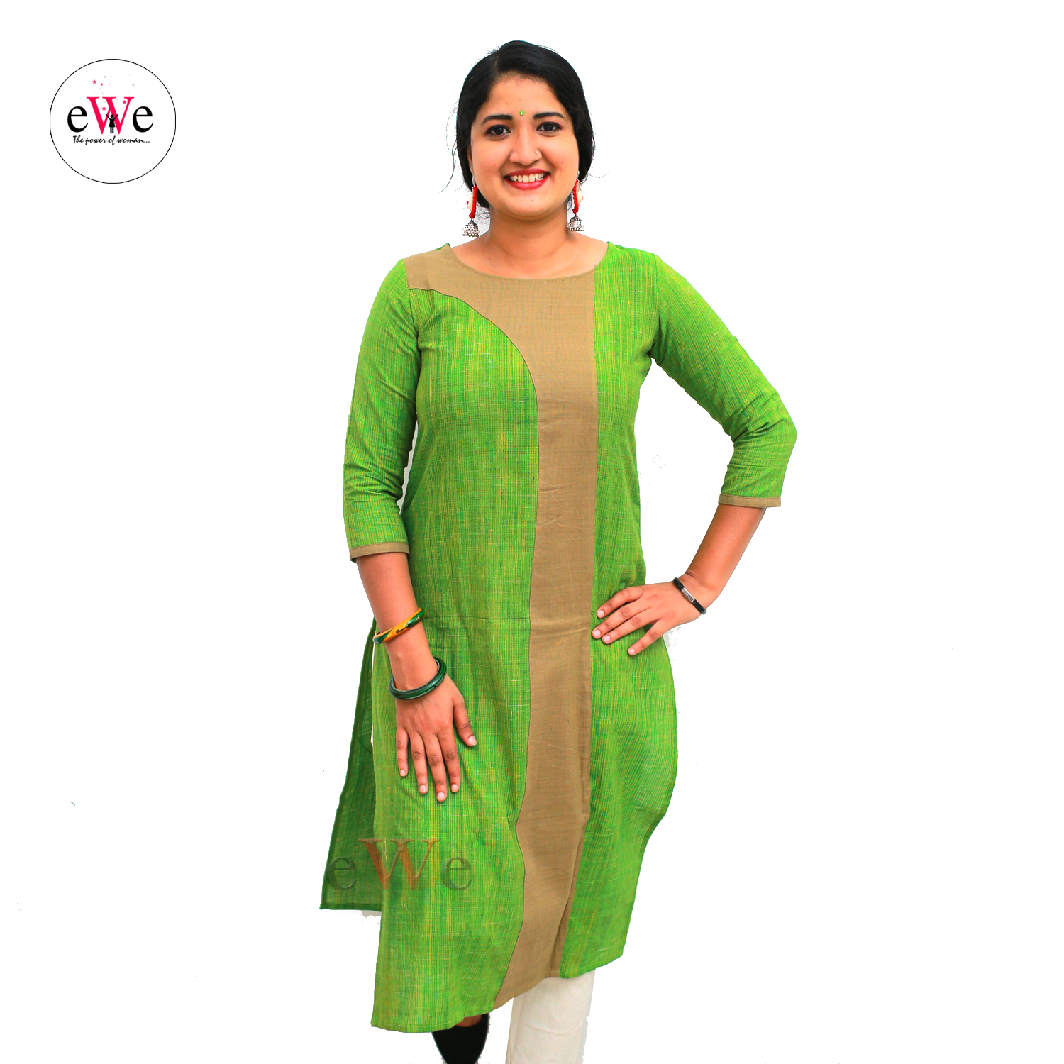Khadi Designer Kurti (Green &amp; Golden Yellow)