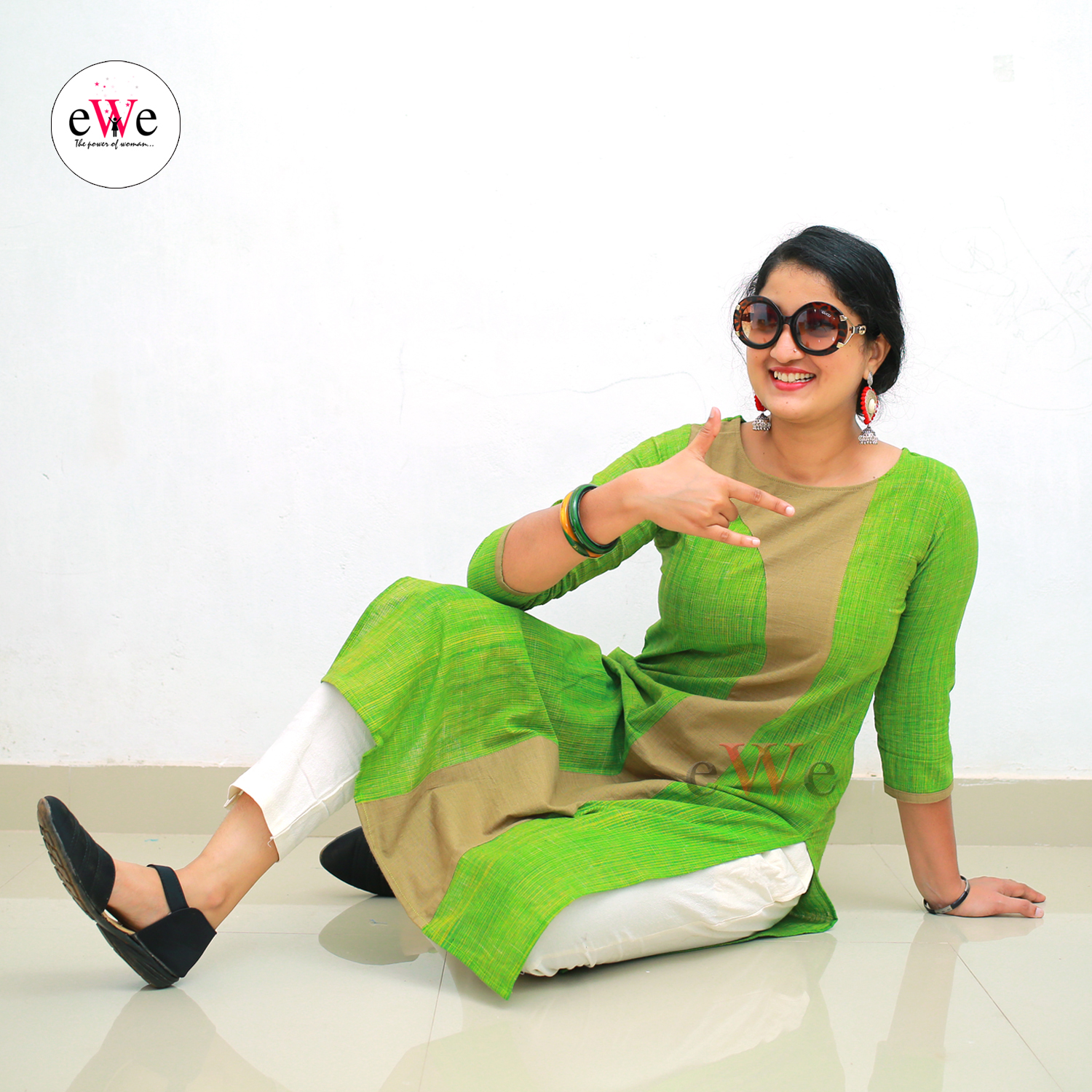 Khadi Designer Kurti (Green &amp; Golden Yellow)
