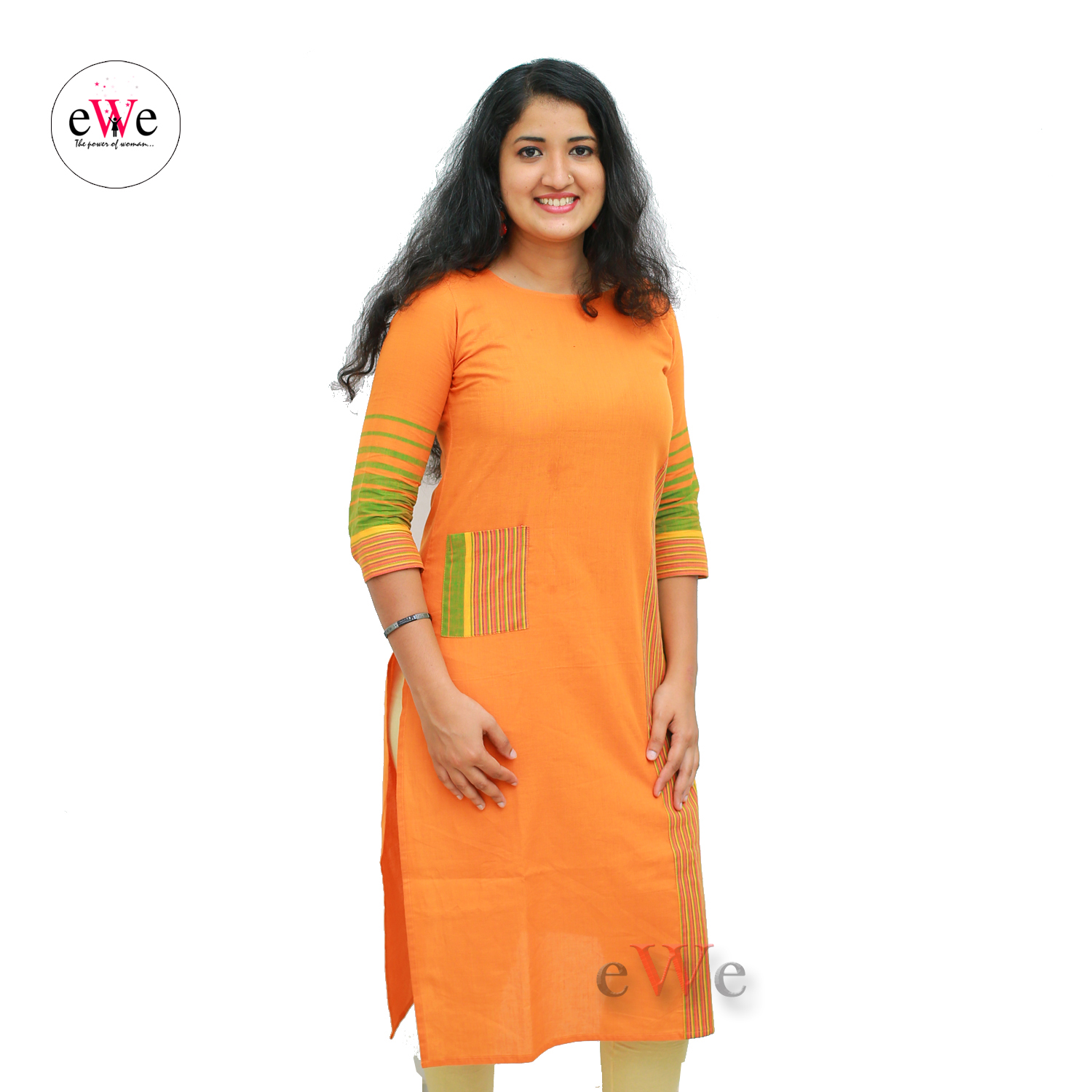 Handloom Design Kurti - Orange &amp; Green