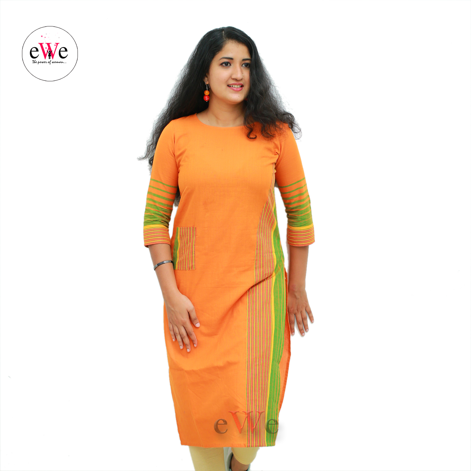 Handloom Design Kurti - Orange &amp; Green