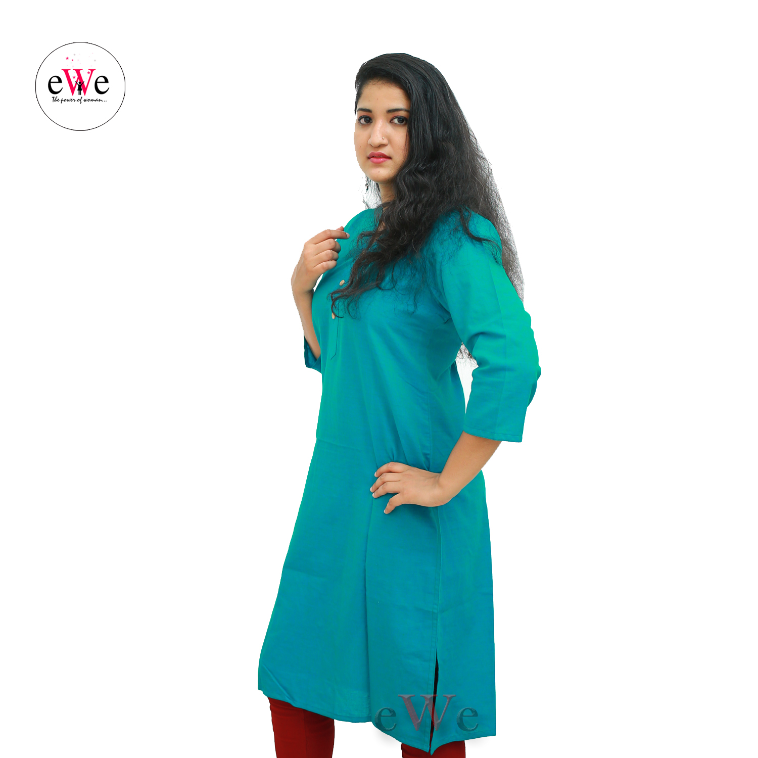 Handloom Plain Kurti- Peacock Greenish Blue