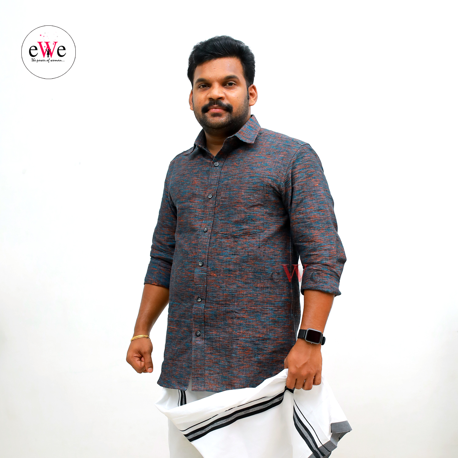 &quot;Orange and Dark Blue&quot; Khadi Men's Formal Shirt