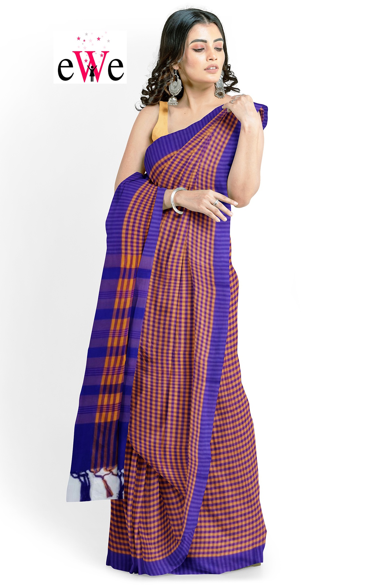 Purple Orange Check Handloom Saree