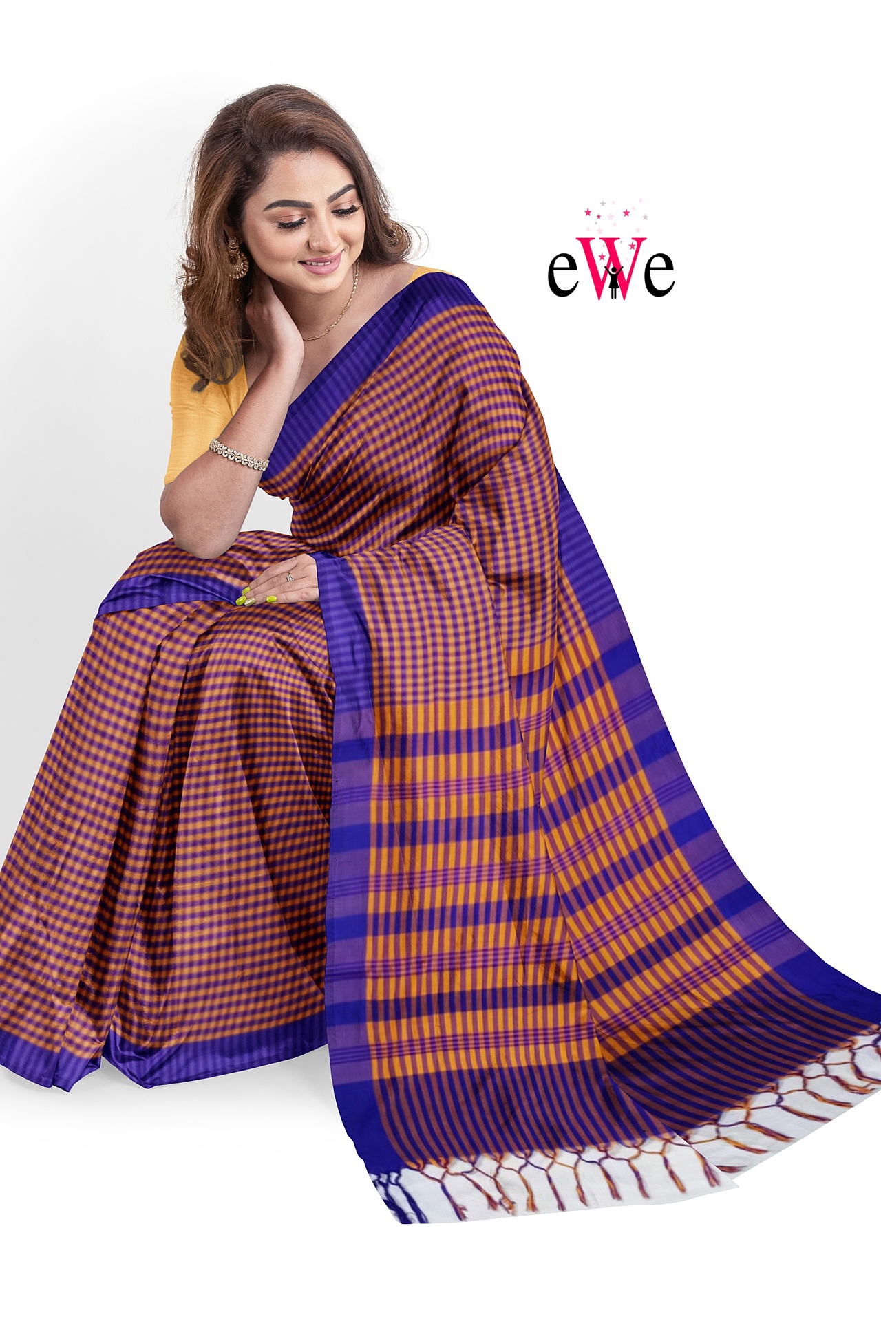 Purple Orange Check Handloom Saree