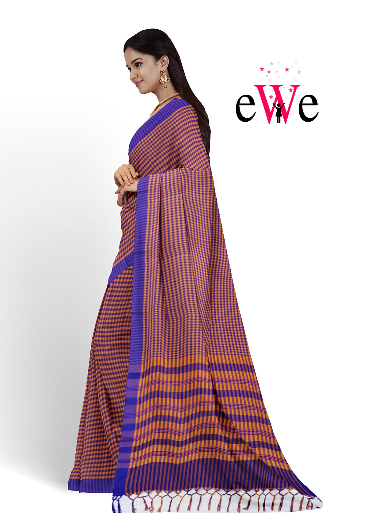 Purple Orange Check Handloom Saree