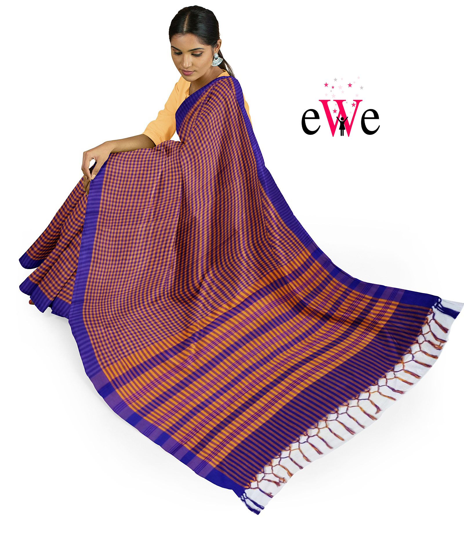 Purple Orange Check Handloom Saree